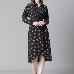Oxolloxo Floral Print Shirt Collar Cuff Sleeve Twisted A-Line Dress-image-17