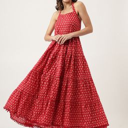 Divena Floral Printed Tie-Up Neck Pom-Pom Detailed Cotton Maxi Dress-image-31