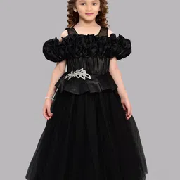 Pink Chick Girls Off-Shoulder Puff Sleeves Embellished Ruffled Net Fit & Flare Maxi Gown-6