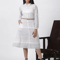 W Striped Shirt Collar Cuffed Sleeves Cotton Shirt Midi Dress-image-64