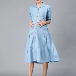 NIGHTSPREE Shirt Collar Cotton Maternity Shirt Midi Dress-picture-26