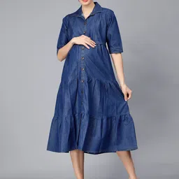 NIGHTSPREE Cotton Denim Maternity Shirt Midi Dress-picture-13