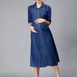 NIGHTSPREE Denim Maternity Shirt Midi Cotton Dress-picture-16