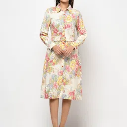 Purple State Off White & Pink Floral Shirt Midi Dress-image-90