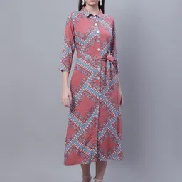 Cantabil Bandana Printed Shirt Midi Dress With Belt-image-24