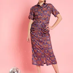 Antheaa Rust Printed Shirt Midi Dress-32
