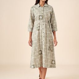 AKKRITI BY PANTALOONS Geometric Printed Cuffed Sleeves Cotton Shirt Midi Dress-image-98
