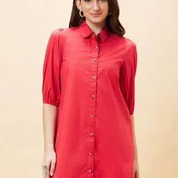 Globus Red Shirt Collar Puff Sleeve Pure Cotton Shirt Dress-image-61