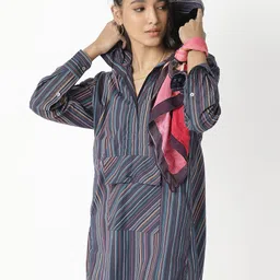 RAREISM Women Black & Pink Striped Hooded Cotton Shirt Midi Dress-image-20