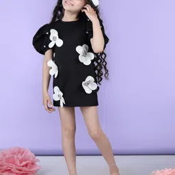 THE LITTLE CELEBS Girls Floral Embellished Puff Sleeves Min Bodycon Dress-image-25