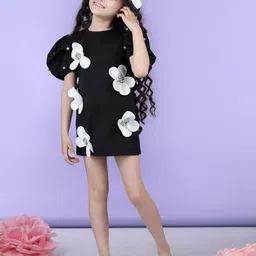 THE LITTLE CELEBS Girls Floral Embellished Puff Sleeves Min Bodycon Dress-image-54