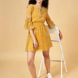 YU by Pantaloons Mustard Yellow Floral Keyhole Neck Ethnic Dress-image-78