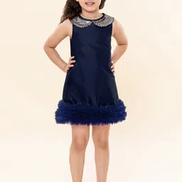 A T U N Navy Blue Embellished Peter Pan Collar A-Line Dress-52