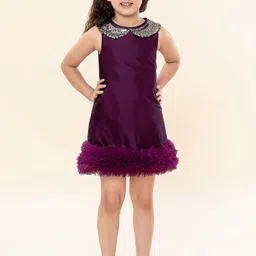 A T U N Purple & Silver-Toned Peter Pan Collar A-Line Dress-image-31