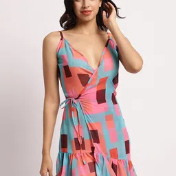 EROTISSCH Blue Geometric Printed Relaxed Fit Swimwear Cover Up Dress-image-43