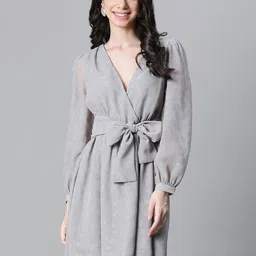 Oxolloxo Self Design V-Neck Puff Sleeve Tie-Up Semi Sheer Fit & flare Dress-picture-19