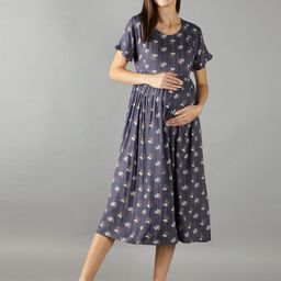 NIGHTSPREE Grey & White Floral Print Maternity & Feeding A-Line Midi Dress-image-65