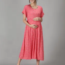 NIGHTSPREE Peach Printed Fit & Flare Maternity Midi Dress-image-69
