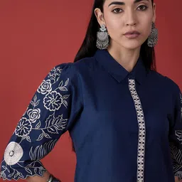 Anouk Blue Floral Embroidered Shirt Mini Dress-image-44