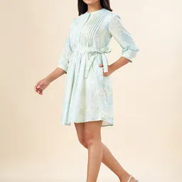 AKKRITI BY PANTALOONS Floral Printed Pleated Detailed Pure Cotton A-Line Dress With Belt-picture-0