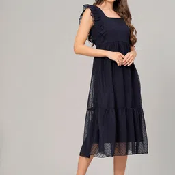 KALINI Self Design Square Neck Flutter Sleeve Georgette A-Line Midi Dress image 3