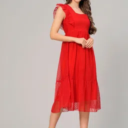 KALINI Self Design Square Neck Flutter Sleeve Georgette A-Line Midi Dress image 3