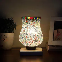 Devansh White & Red Square Shaped Wooden Table Lamp With Mosaic Design Glass Shade image 2