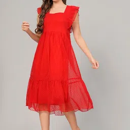 KALINI Self Design Square Neck Flutter Sleeve Georgette A-Line Midi Dress image 4