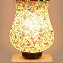 Devansh White & Red Square Shaped Wooden Table Lamp With Mosaic Design Glass Shade image 4