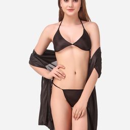 Romaisa Black Solid Satin Above knee length Robe with Bra & Thong-picture-15