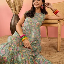 Sangria Floral Kantha Jaal Printed Flounce Cotton A-Line Dresses-image-27