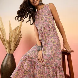 Sangria Floral Kantha Jaal Printed Flounce Cotton A-Line Ethnic Dresses-image-88