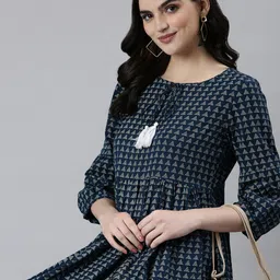 SHOWOFF Ethnic Motifs Printed Tie-Up Neck Bell Sleeves A-Line Midi Dress-picture-14