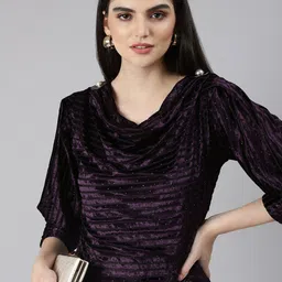 SHOWOFF Cowl Neck Embellished Cuffed Sleeves A-Line Dress-image-24