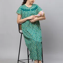 AV2 Women Green Printed Cotton Maxi Maternity Nightdress-image-68