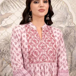 Vishudh Pink Ethnic Motifs Printed Mandarin Collar Fit and Flare Midi Ethnic Dress-image-48