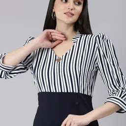 SHOWOFF Striped Mandarin Collar Puff Sleeves Sheath Dress-image-58