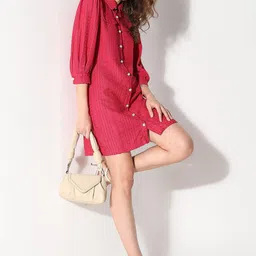 Vero Moda Self Design Shirt Collar Cuffed Sleeve Shirt Dress-image-66