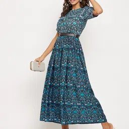 Uptownie Lite Women Blue Floral Printed Skater Maxi Dress-image-15