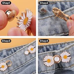 ZURATO Colorfull Sun Flower Adjustable Jean Button, Pant Waist Tightener Pins, No Sew and No Tools Detachable Decorative Waist Button, Waist Adjustment Button Extender (White - Gold, Pack of - 2) image 2
