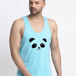 Friskers Men Turquoise Blue & Black Panda Printed Pure Cotton Gym Vest-image-102