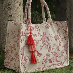 Anekaant Floral Printed Toile Jacquard Cotton Handheld Bag With Tasseled-16