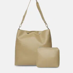20Dresses Beige Colourblocked PU Structured Hobo Bag with Tasselled-image-4