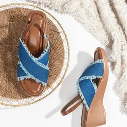 Try Me Textured Open Toe Backstrap Canvas Wedges-7