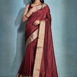 VISHNU WEAVES Checked Zari Bhagalpuri Saree With Tassels-image-5