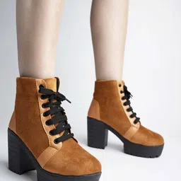 Shoetopia Girls Tan Suede Block Heeled Boots with Tassels-21