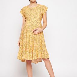 Hypernation Yellow Floral Printed Maternity Dress-image-21