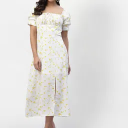 aayu Women White & Yellow Floral Printed Front Slit Crepe Midi Dress-image-93