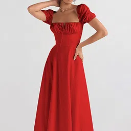 StyleCast Red Square Neck Puff Sleeve Fit & Flare Midi Dress-image-58