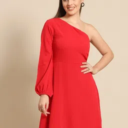 DODO & MOA Women Red Solid One Shoulder A-Line Dress-image-68